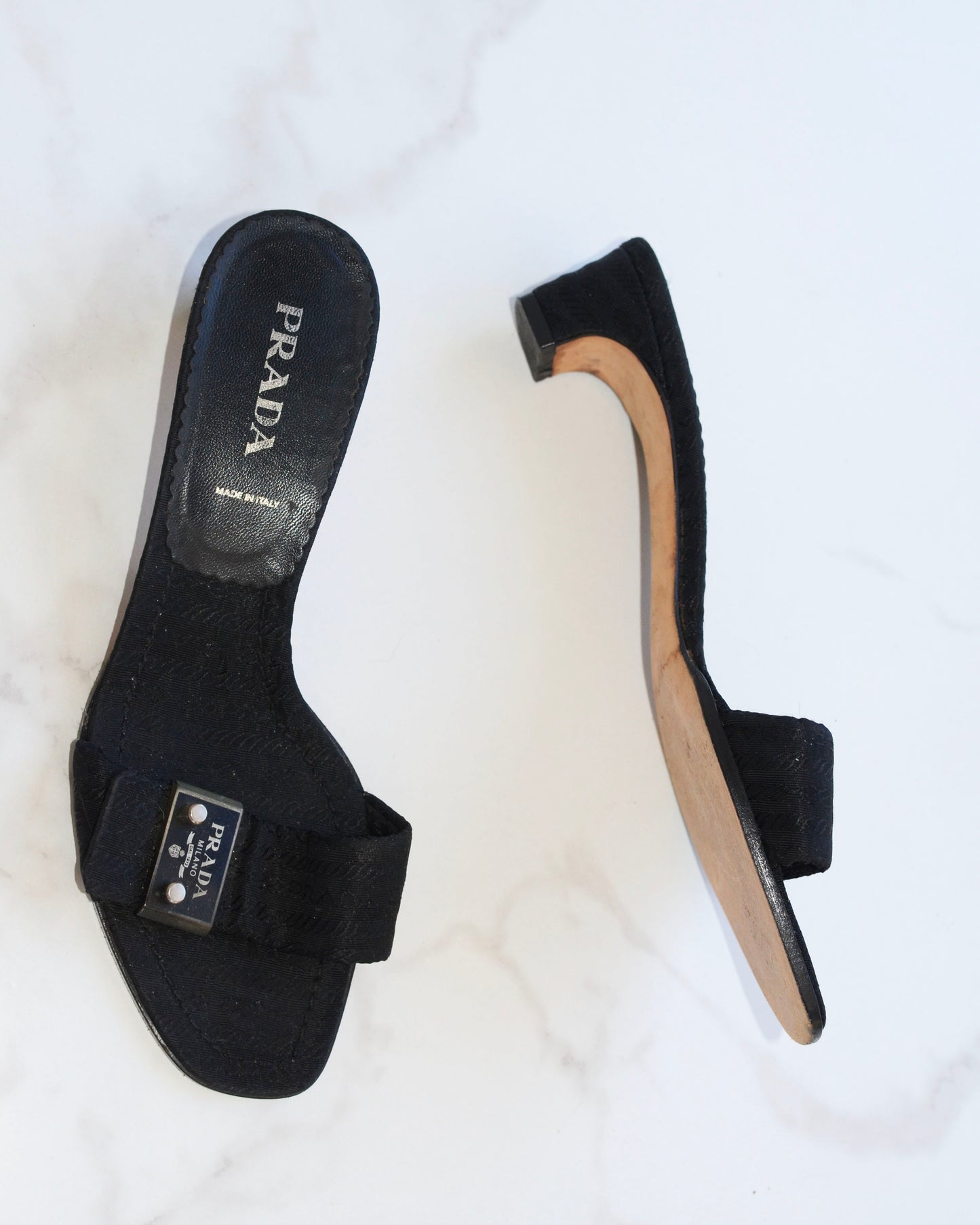 Prada Metal Logo Plaque Kitten Heel Slip On Mules