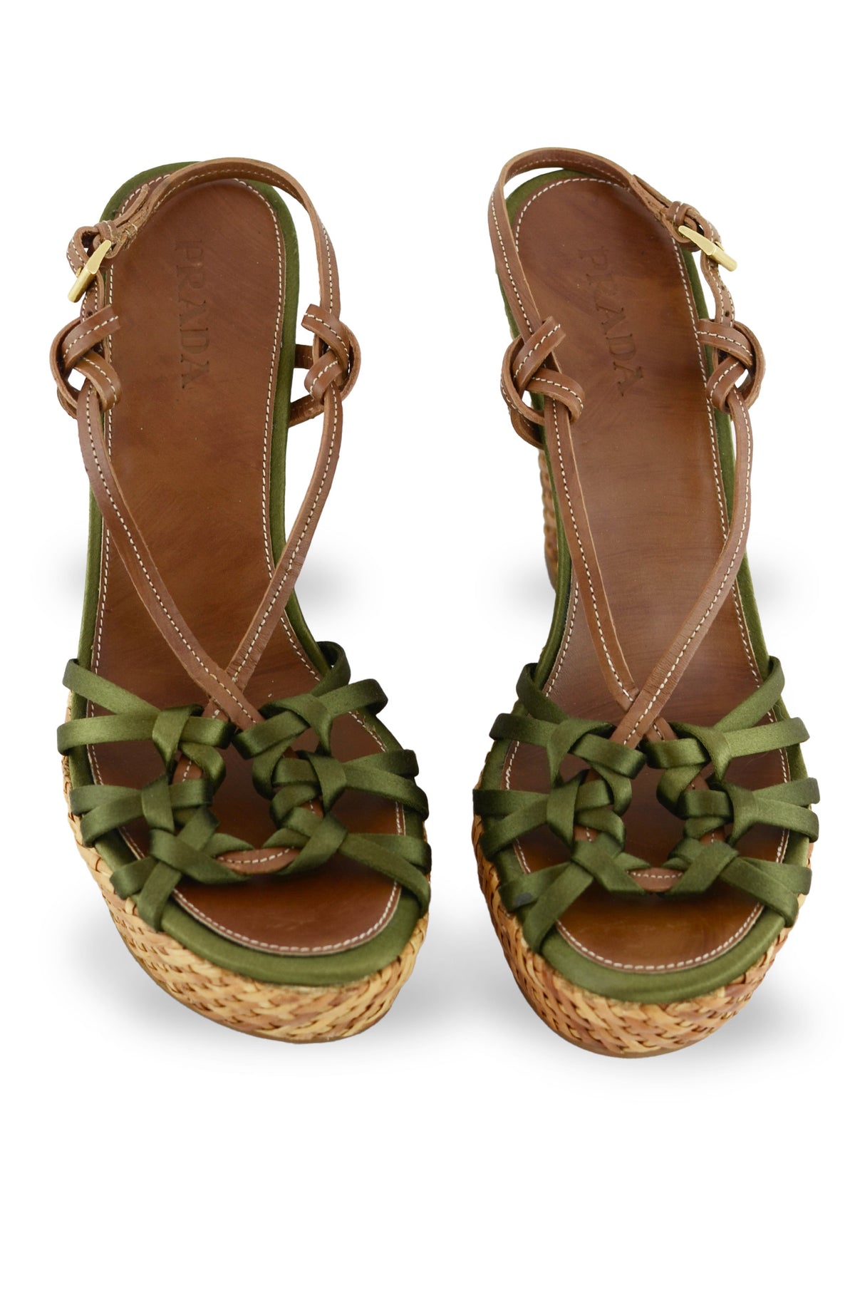 Prada Green Satin Woven Ruffle Wedge Sandals