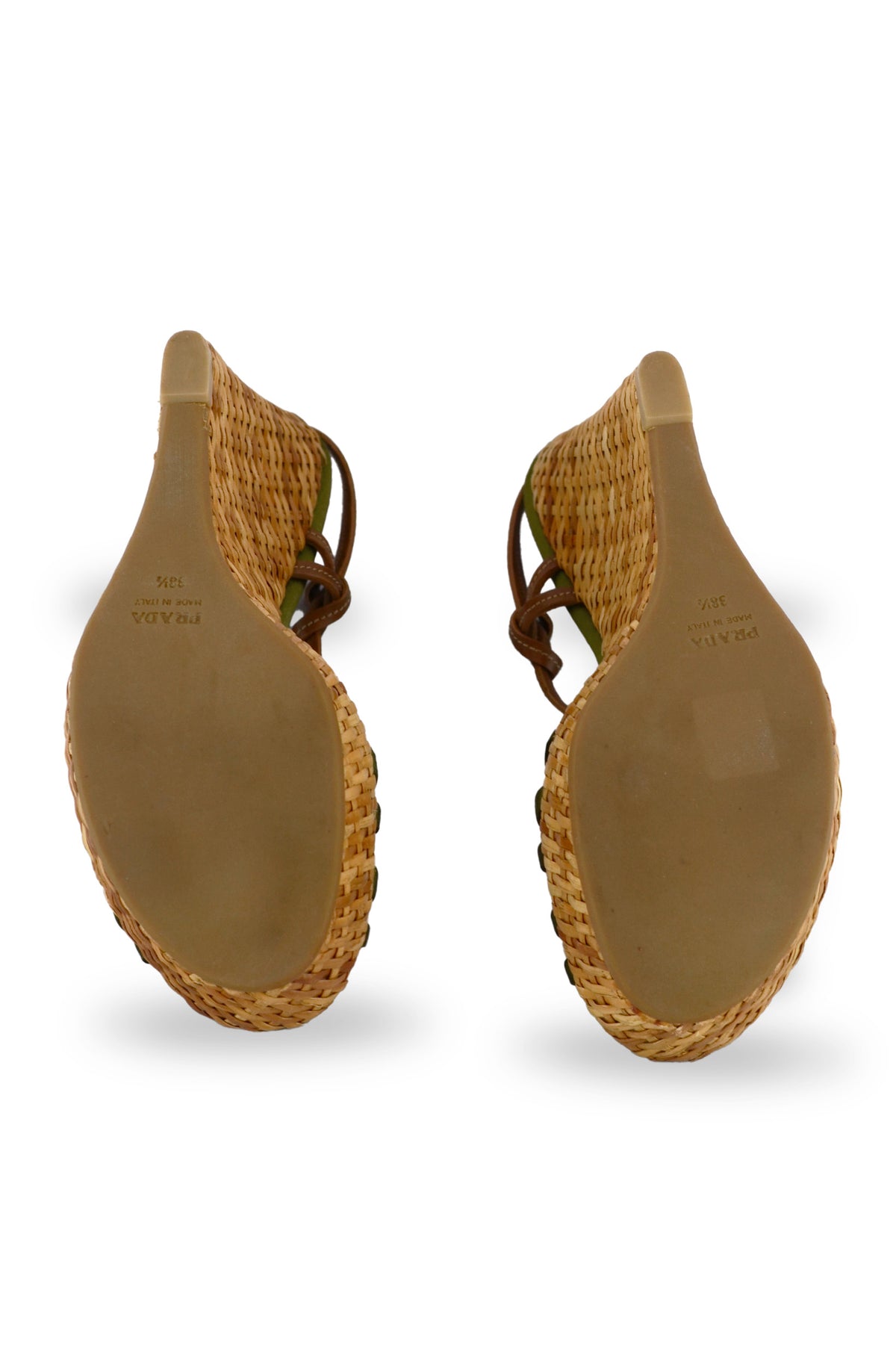 Prada Green Satin Woven Ruffle Wedge Sandals