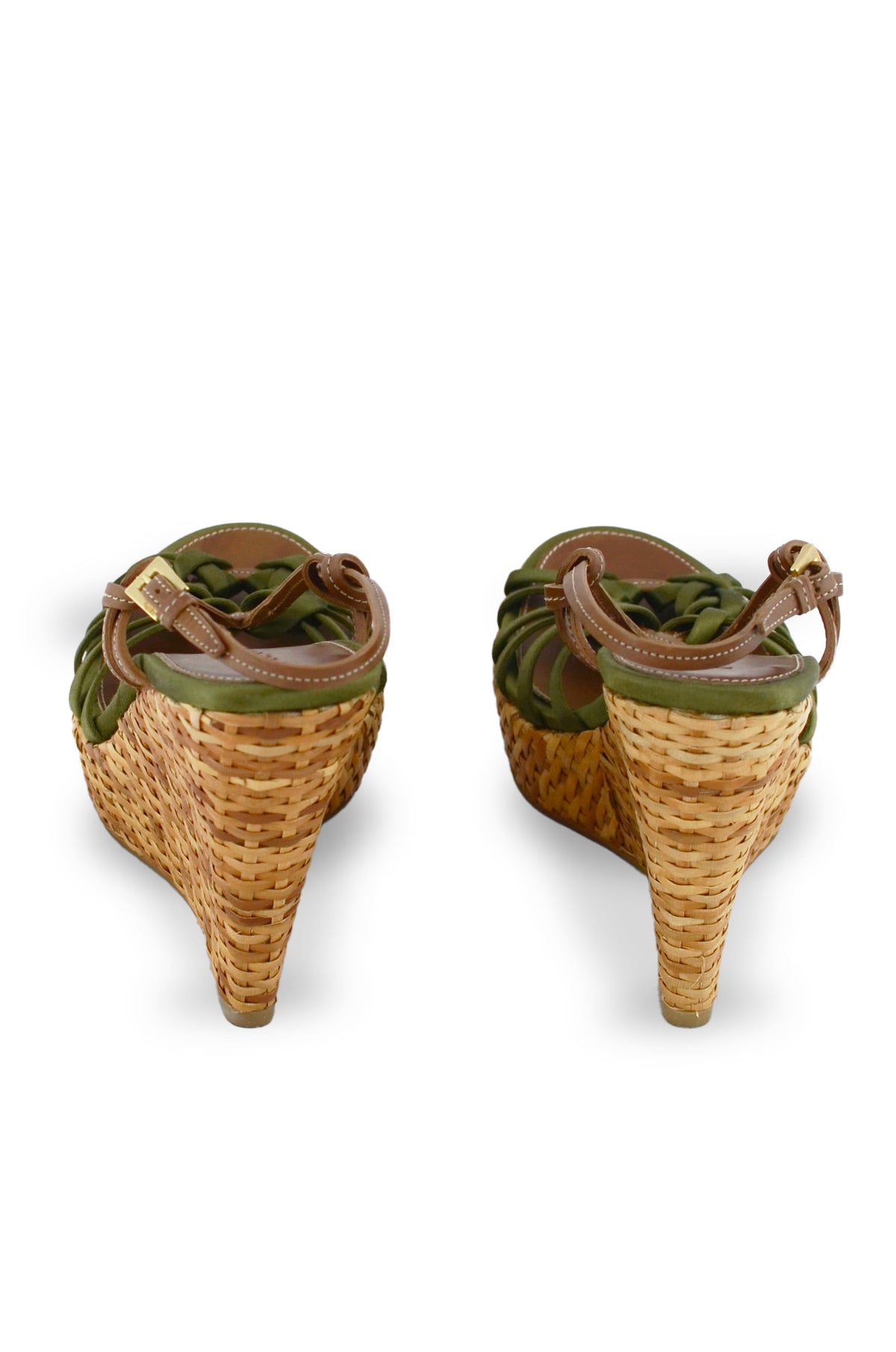Prada Green Satin Woven Ruffle Wedge Sandals
