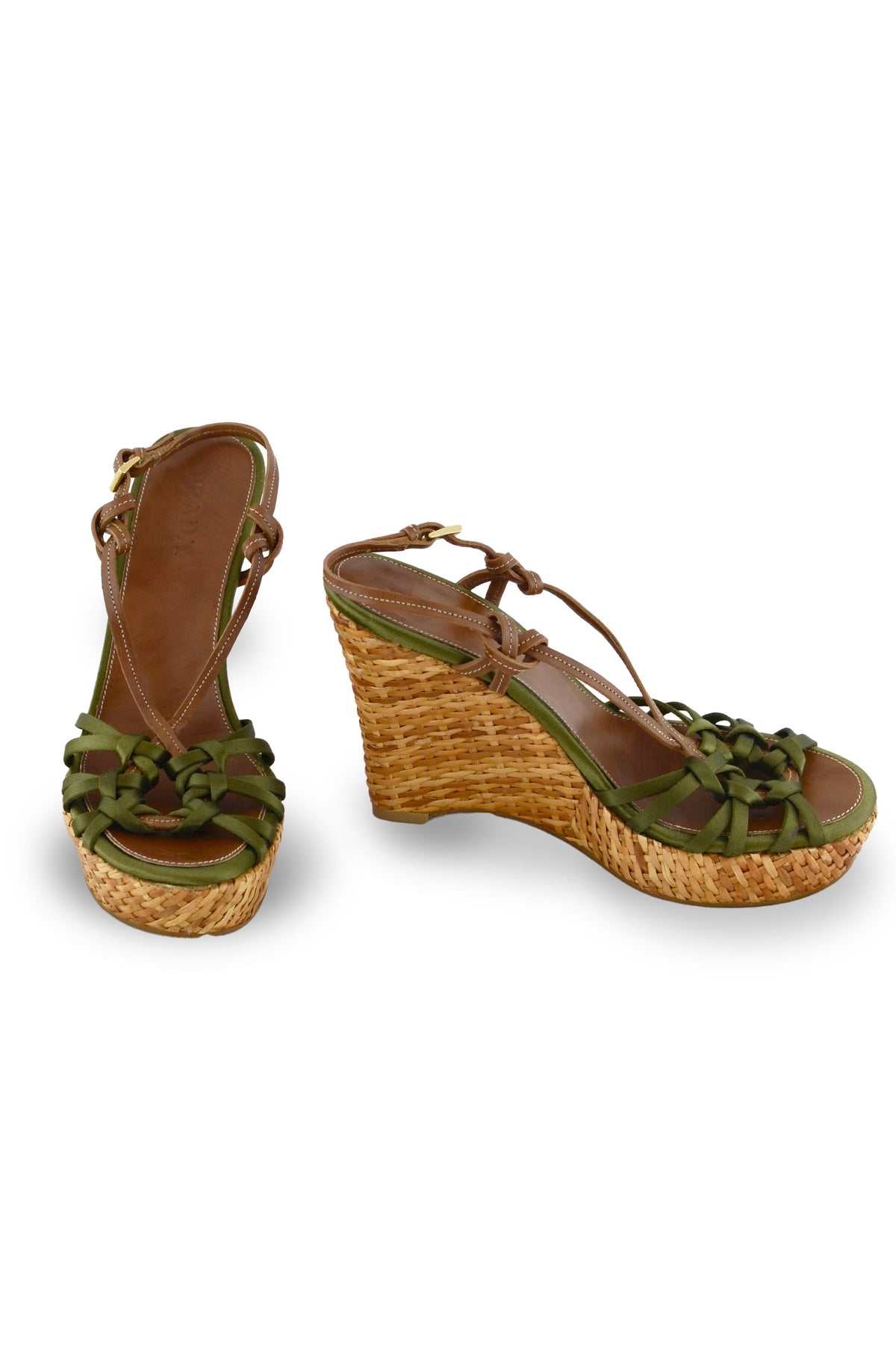 Prada Green Satin Woven Ruffle Wedge Sandals